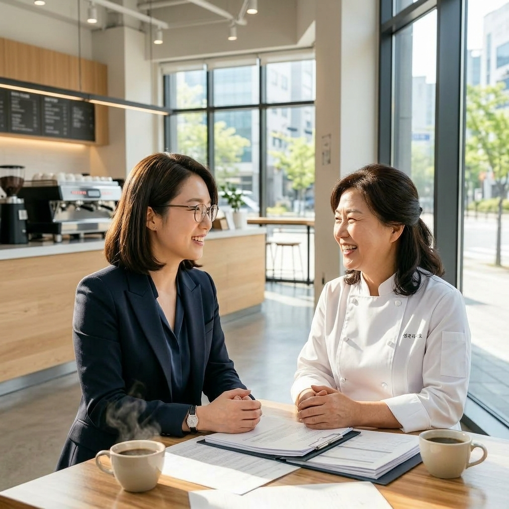 매장 안에서 점주와 상담하는 모습